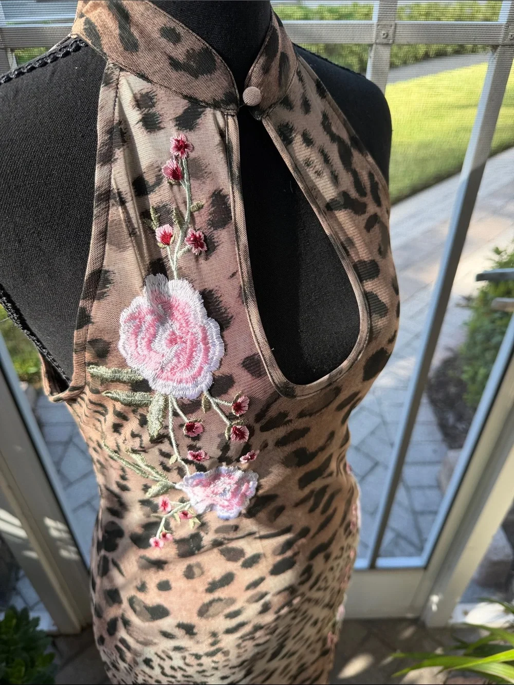 Leopard Print Halter Body Con Dress with Pink Floral Embroidery